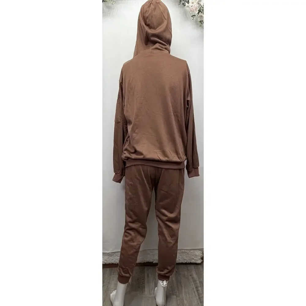Casual 2-Piece Hooded Jogger Sweatsuit Cocoa‎ Medium Activewear